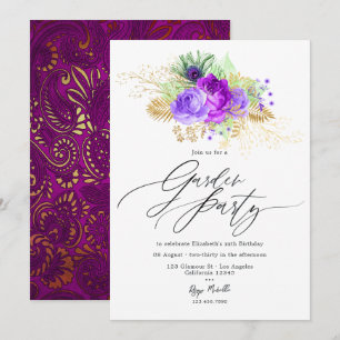 Mardi Gras inspirierter lila und goldener Blumenga Einladung