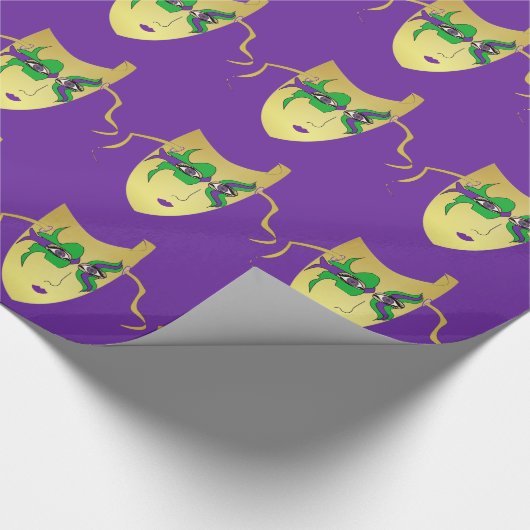 Mardi Gras Karneval Goldmaske auf Lila Geschenkpapier (Ecke)