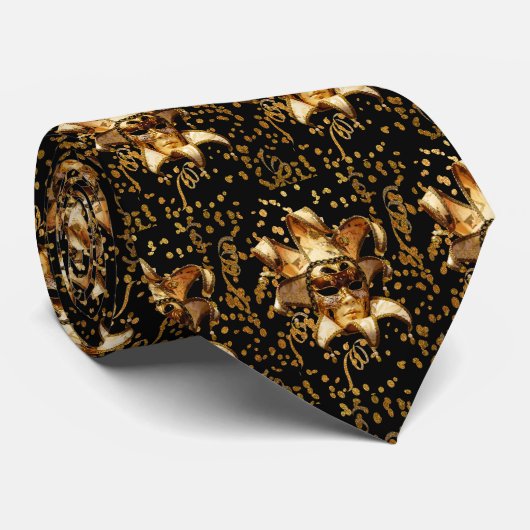 Mardi Gras Karneval Goldmaske mit Confetti Black Krawatte (Gerollt)