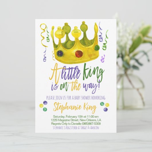 Mardi Gras King Baby Shower Einladung (Stehend Vorderseite)