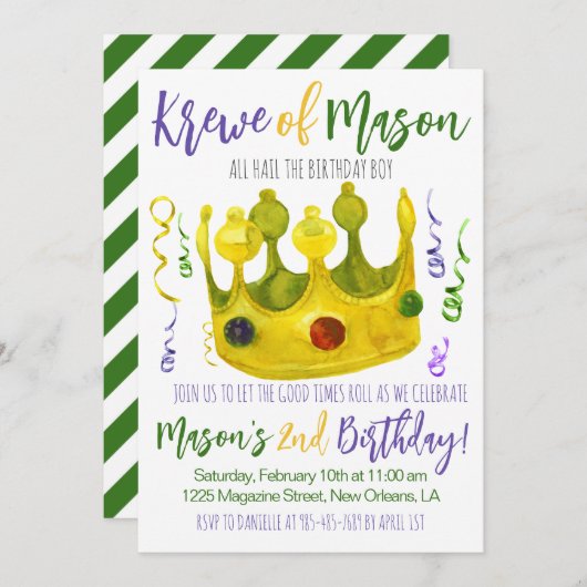 Mardi Gras King Birthday Einladung (Vorne/Hinten)