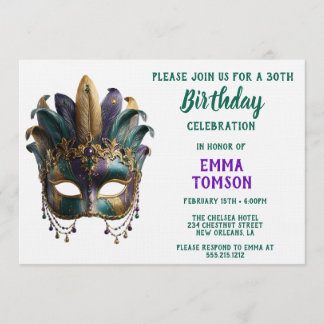 Mardi Gras königliche Feder Maske Geburtstag Einladung