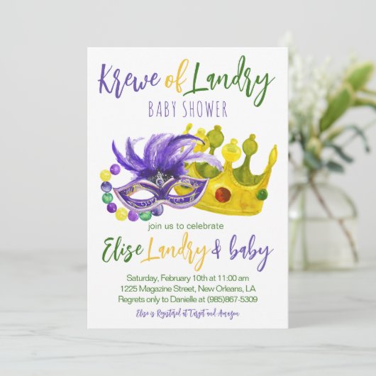 Mardi Gras Krewe Baby Shower Einladung (Stehend Vorderseite)