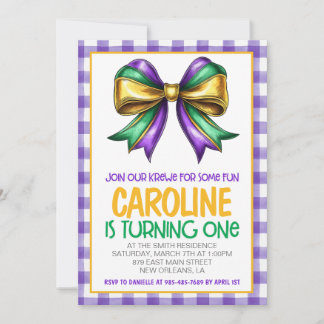 Mardi Gras Krewe Coquette Bow Erster Geburtstag Einladung