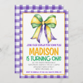 Mardi Gras Krewe Coquette Bow Erster Geburtstag Einladung (Vorne/Hinten)