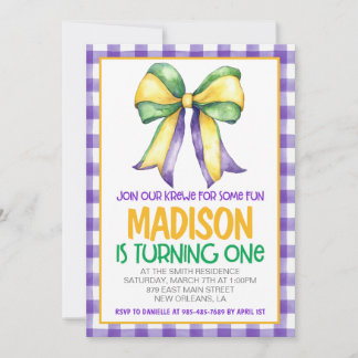 Mardi Gras Krewe Coquette Bow Erster Geburtstag Einladung