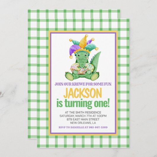 Mardi Gras Krewe Gator King Cake zum ersten Geburt Einladung (Vorne/Hinten)