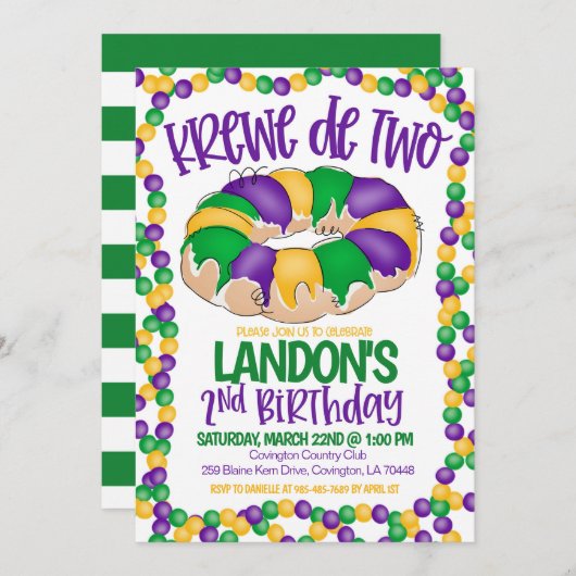 Mardi Gras Krewe zum zweiten Geburtstag Einladung (Vorne/Hinten)