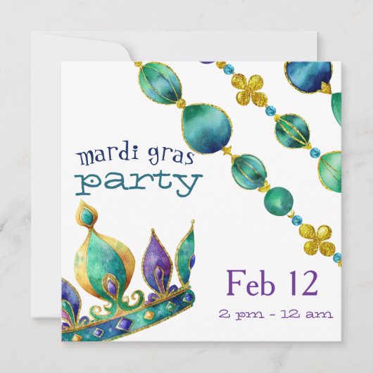 Mardi Gras-Krone und -Perlen-Party Einladung (Vorderseite)