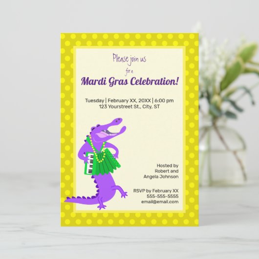 Mardi Gras Lila Alligator Einladung (Stehend Vorderseite)