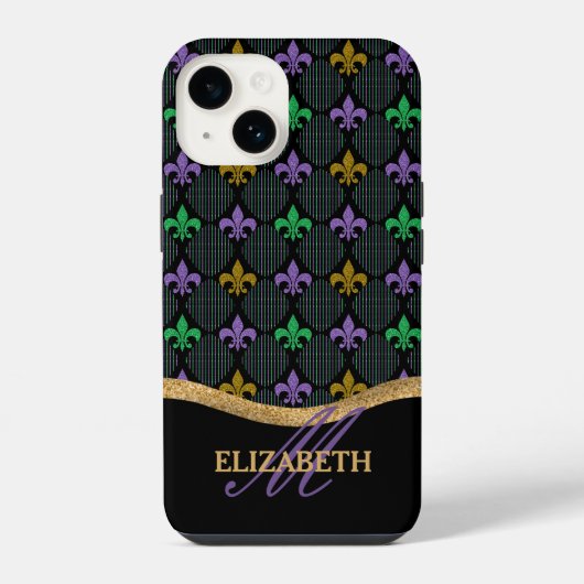 Mardi Gras Lilie Imitats Glitzer Monogram iPhone Hülle (Rückseite)