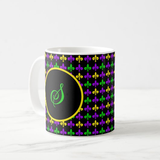Mardi Gras Lilie Muster Custom Monogram Kaffeetasse (Vorderseite Links)
