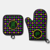 Mardi Gras Lilie Muster Custom Monogram Ofenhandschuh & Topflappen-Set (Vorderseite)