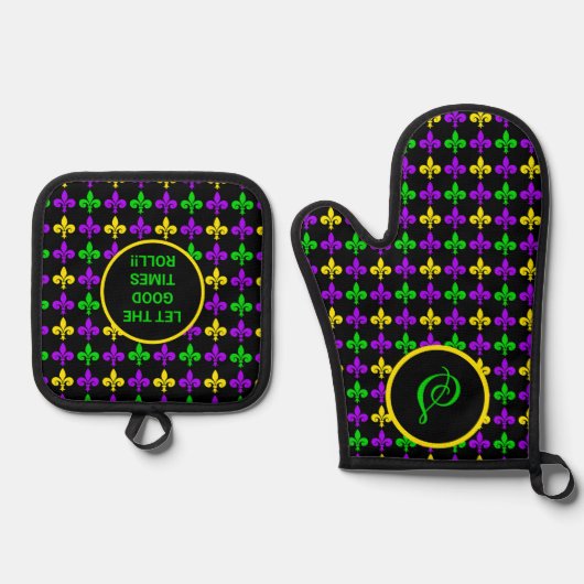 Mardi Gras Lilie Muster Custom Monogram Ofenhandschuh & Topflappen-Set (Vorderseite)