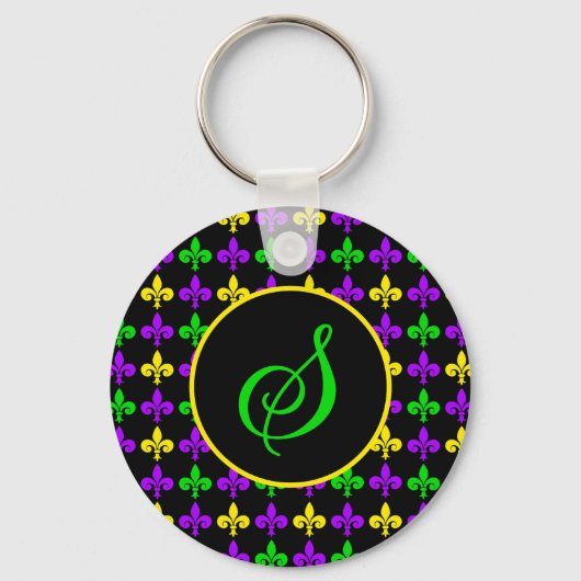 Mardi Gras Lilie Muster Custom Monogram Schlüsselanhänger (Vorderseite)