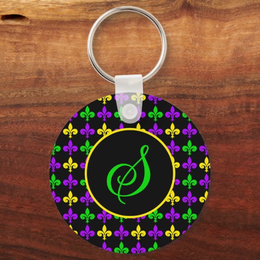 Mardi Gras Lilie Muster Custom Monogram Schlüsselanhänger (Vorderseite)