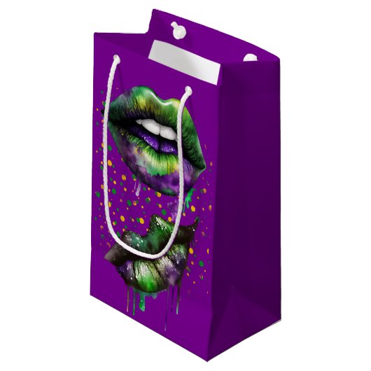 MARDI GRAS LIPS IN LILA GOLD GRÜNEN KLEINE GESCHENKTÜTE (Vorderseite Schrägansicht)