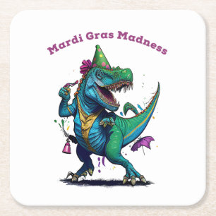 Mardi Gras Madness T Rex Dinosaur Bead Mardi Grawr Rechteckiger Pappuntersetzer