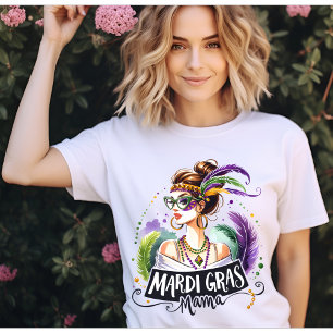 Mardi Gras Mama Messy Bun Hair Glasses Happy Mardi T-Shirt