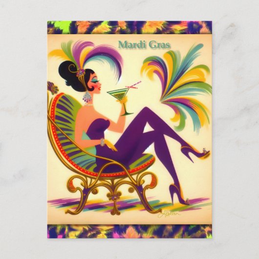 Mardi Gras Martini Frau Retro 60er Mardi Postkarte (Vorderseite)