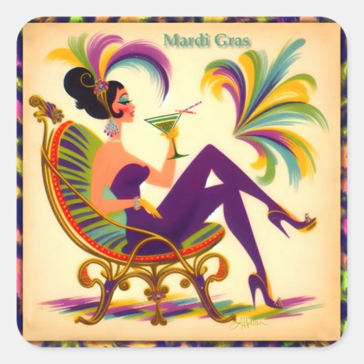 Mardi Gras Martini Woman Quadratischer Aufkleber (Vorderseite)