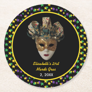 Mardi Gras Mask 21. Geburtstag Party Runder Pappuntersetzer