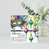 Mardi Gras Mask and Beads Party Einladung (Stehend Vorderseite)