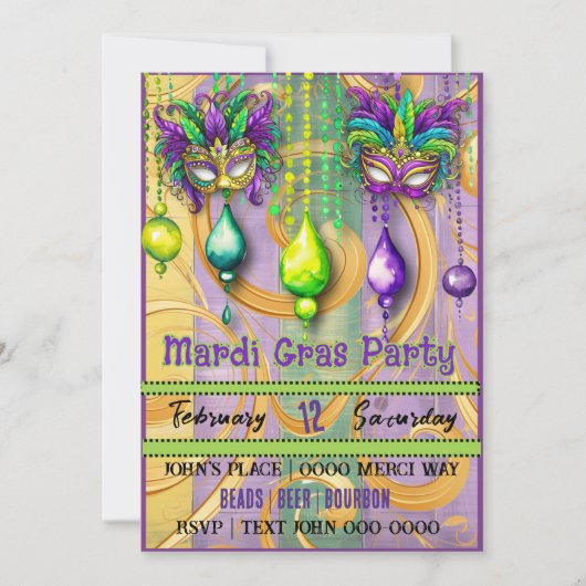 Mardi Gras Mask and Beads Party Einladung (Vorderseite)