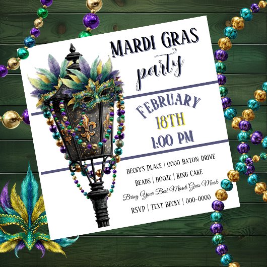 Mardi Gras Mask and Gas Lamp with Beads Einladung