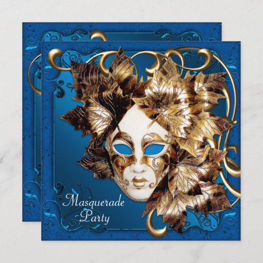 Mardi Gras Mask Blue Gold Masquerade Party Einladung (Vorne/Hinten)