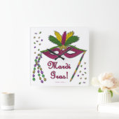 Mardi Gras Mask Feather Beads Quadratische Wanduhr (Zuhause)