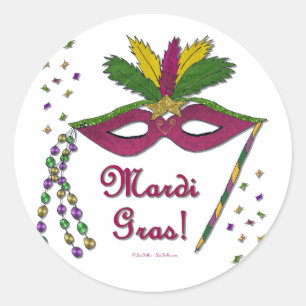 Mardi Gras Mask Feather Beads Runder Aufkleber