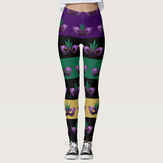 Mardi Gras Mask Funkelnd Lila grüne Linien Leggings (Vorderseite)
