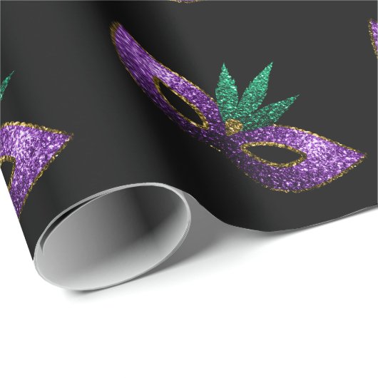 Mardi Gras Mask Lila-Green-Gold-Glitzern Geschenkpapier (Rolleneckpunkt)
