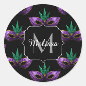 Mardi Gras Mask Lila Green-Gold-Sparkone-Monogramm Runder Aufkleber (Vorderseite)