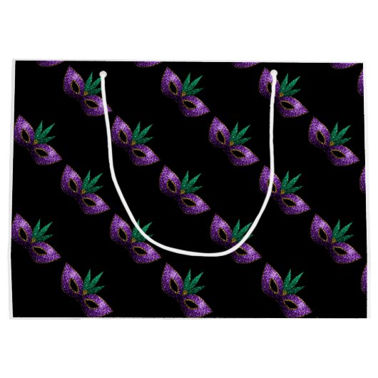 Mardi Gras Mask Lila grüne Glitzern Monogram Große Geschenktüte (Rückseite)