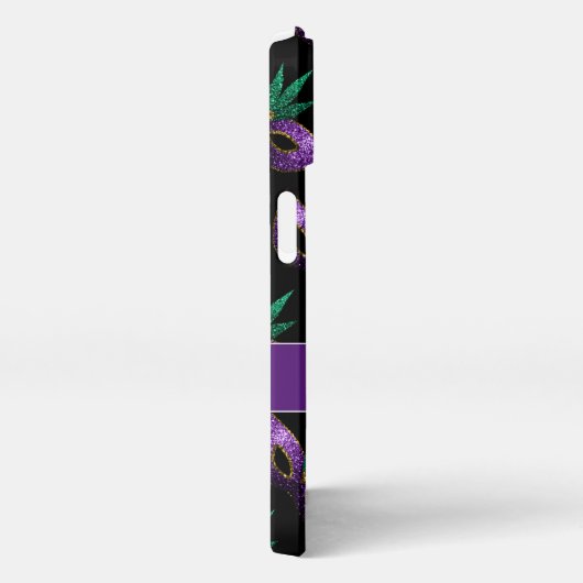 Mardi Gras Mask Lila grüne Glitzern Monogram iPhone Hülle (Rechte Seite)