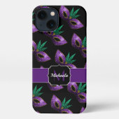 Mardi Gras Mask Lila grüne Glitzern Monogram iPhone Hülle (Rückseite)