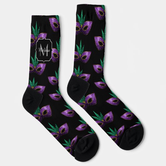 Mardi Gras Mask Lila grüne Glitzern Monogram Socken (Rechts)