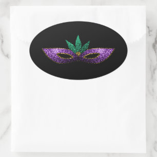 Mardi Gras Mask Lila grüne Glitzern Ovaler Aufkleber