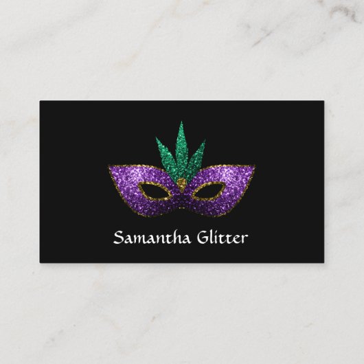 Mardi Gras Mask Lila grüne Glitzern Schwarz Visitenkarte (Rückseite)