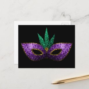 Mardi Gras Maske Lila Grün Gold Glitzer schwarz Postkarte