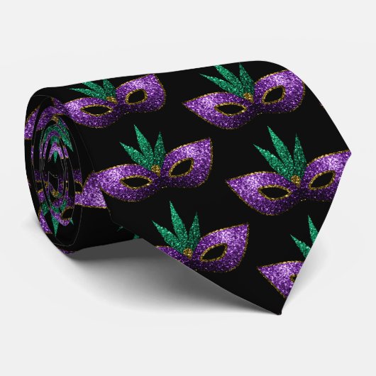 Mardi Gras Maske Lila grüne Glitzern schwarz 2 Krawatte (Gerollt)