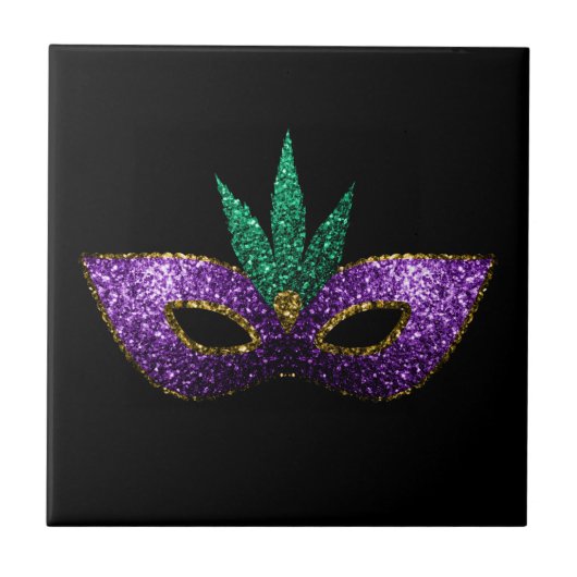 Mardi Gras Maske Lila grüne Glitzern schwarz Fliese (Vorderseite)
