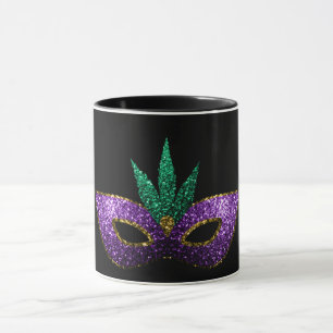 Mardi Gras Maske Lila grüne Glitzern schwarz Tasse