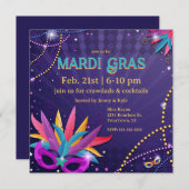 Mardi Gras Masken & Beads Einladung (Vorne/Hinten)