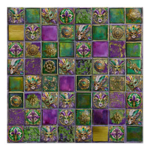 Mardi Gras Masken Federn Fleur de lis Fliesen Druc Poster