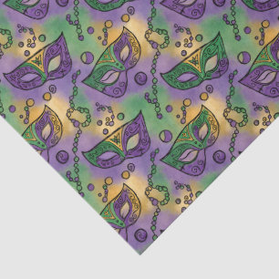 Mardi Gras Masken und Perlen Lila Grün Gelb Seidenpapier