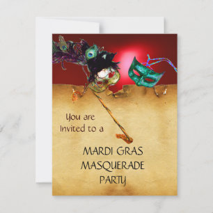 MARDI GRAS MASKENBALL, Gelb rot Einladung