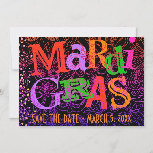 Mardi Gras maskiert farbenfrohe Typografie Save th Einladung (Vorderseite)